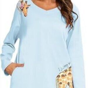 ENJOYNIGHT Women's Nightgown Dress Sleepwear Long sleeve V-Neck GIRAFFE WEEKEND